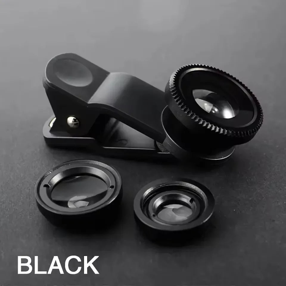 3-in-1 Fisheye Wide Angle Macro Clip Lens Kit for Smartphones Phone Camera Lens Kit Richie's Black