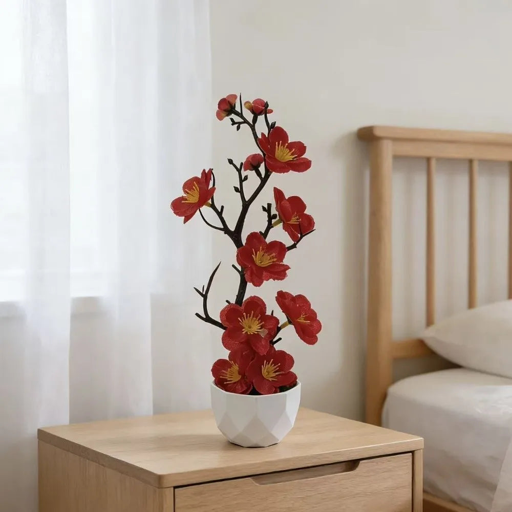Red Artificial Plum Blossom Bonsai | Fake Flower Potted Plant Artificial Potted Plant Richie's Red