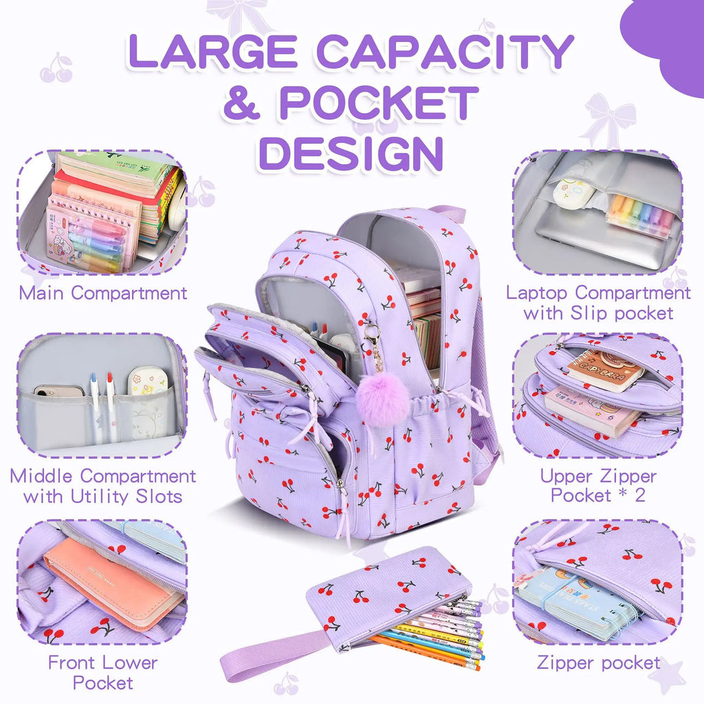 Girls Cherry Corduroy School Backpack Set – 3 Pcs Bookbag Kids Backpack Set Richie's