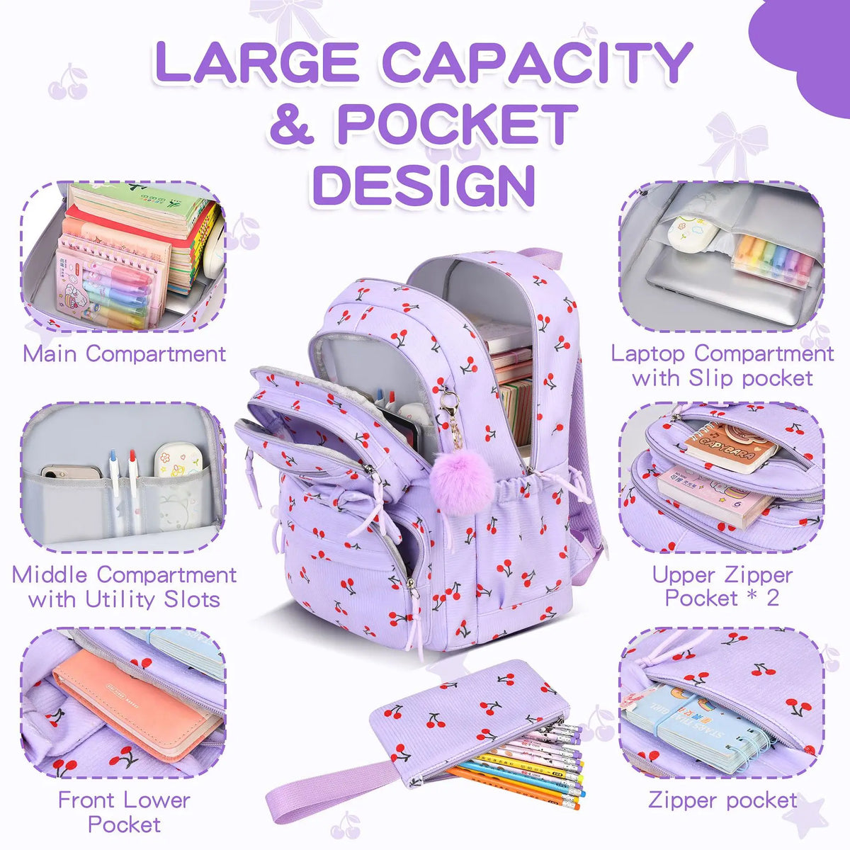 Girls Cherry Corduroy School Backpack Set – 3 Pcs Bookbag Kids Backpack Set Richie's
