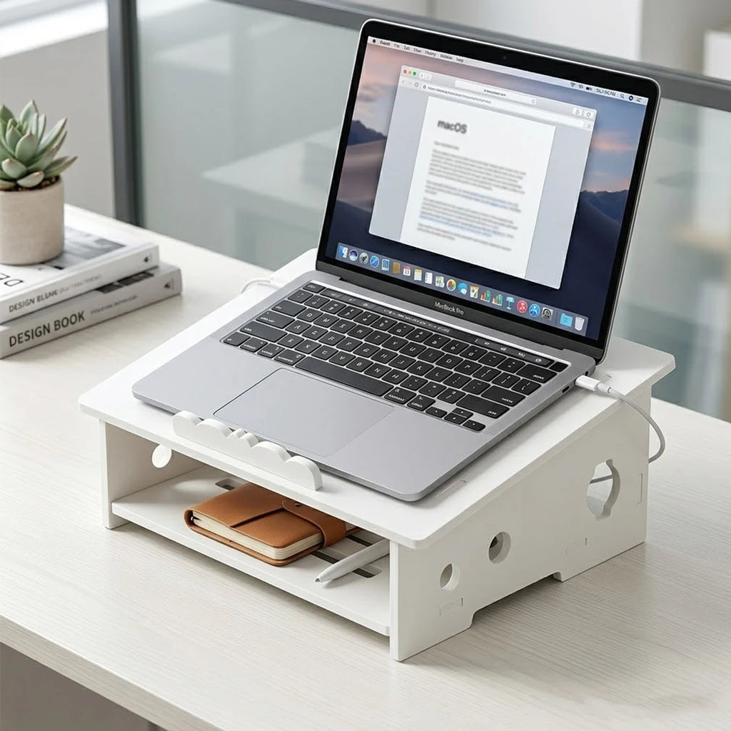 White Laptop Riser with Storage Shelf & Cable Management Laptop Stand Richie's
