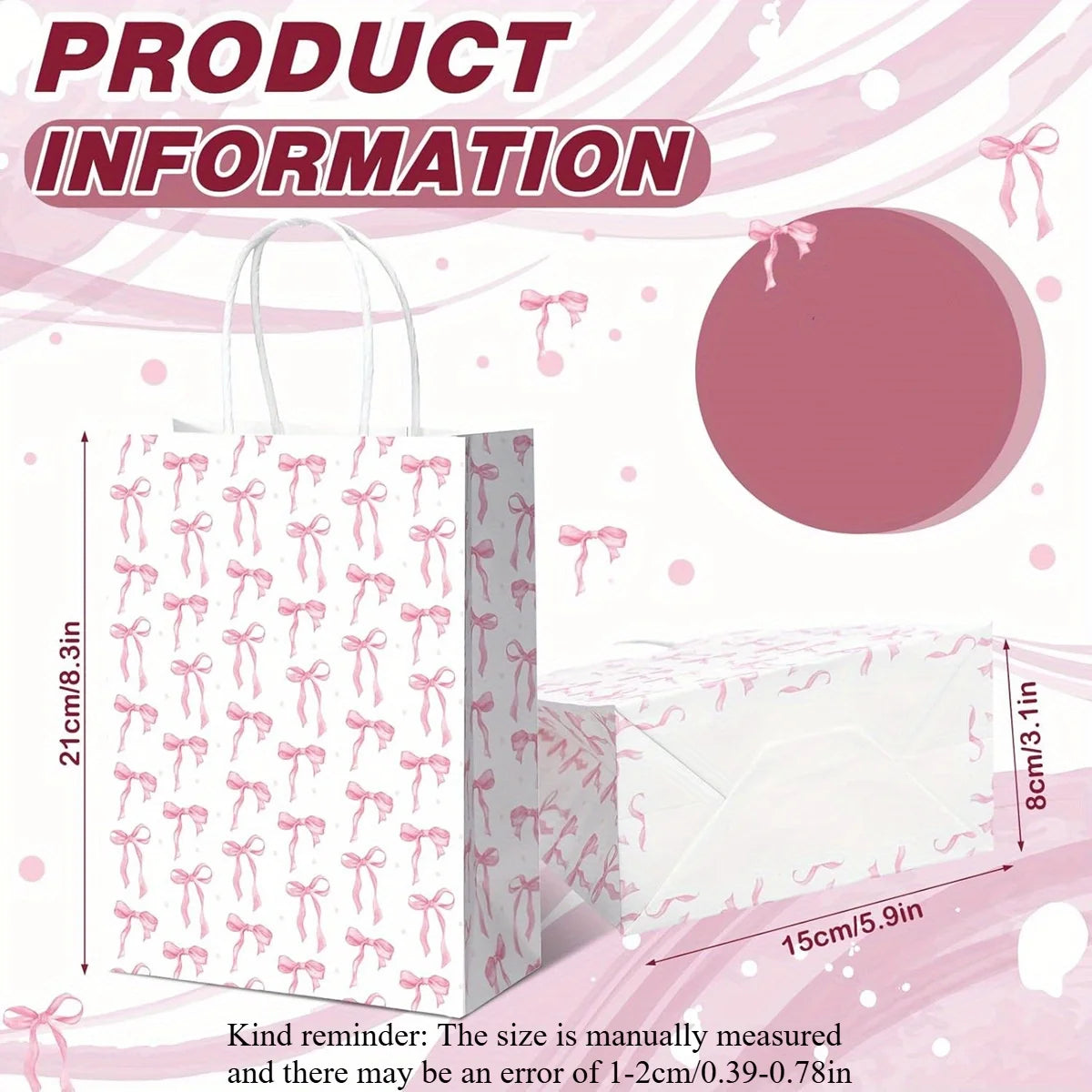 Pink Bow Paper Gift Bags with Handles | Party Favor Bags 6/10pk Paper Gift Bags Richie's