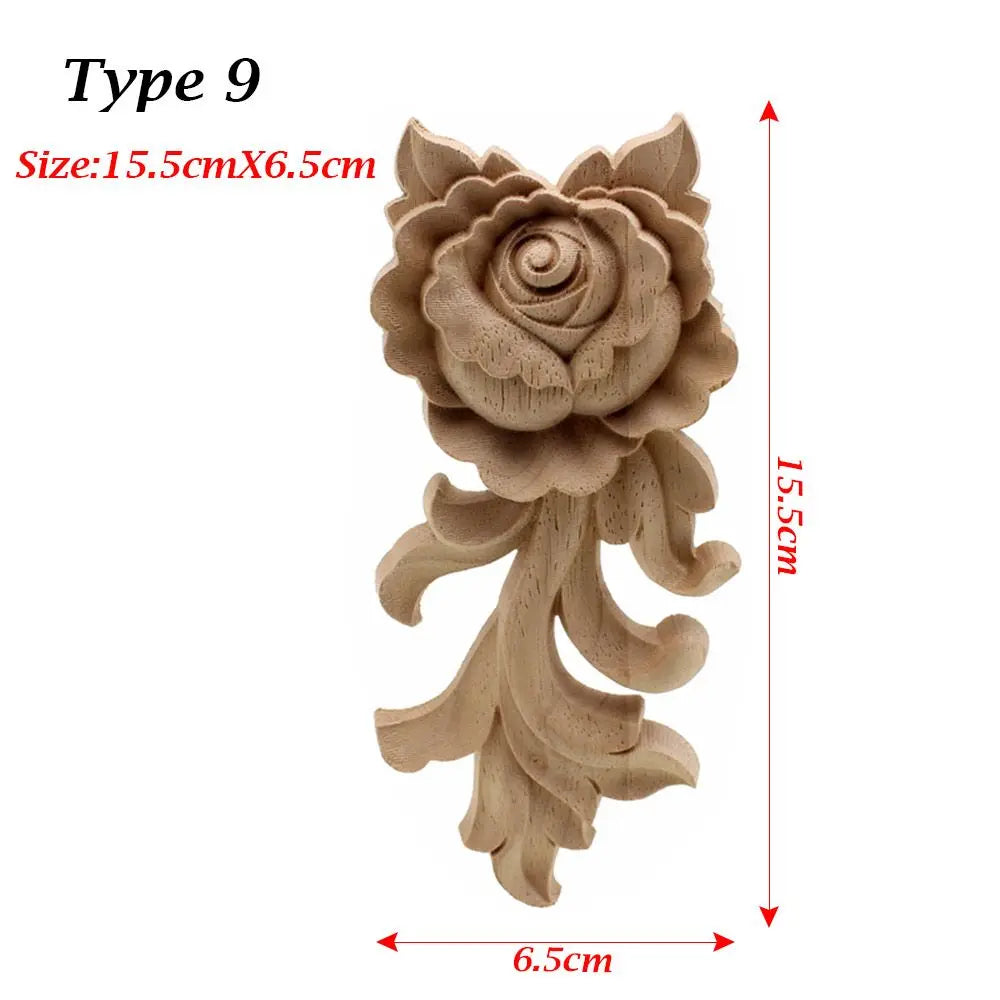 Unpainted Wood Carved Rose Flower Applique Furniture Ornament Wood Carved Applique Richie's type 9-15.5cmX6.5cm-