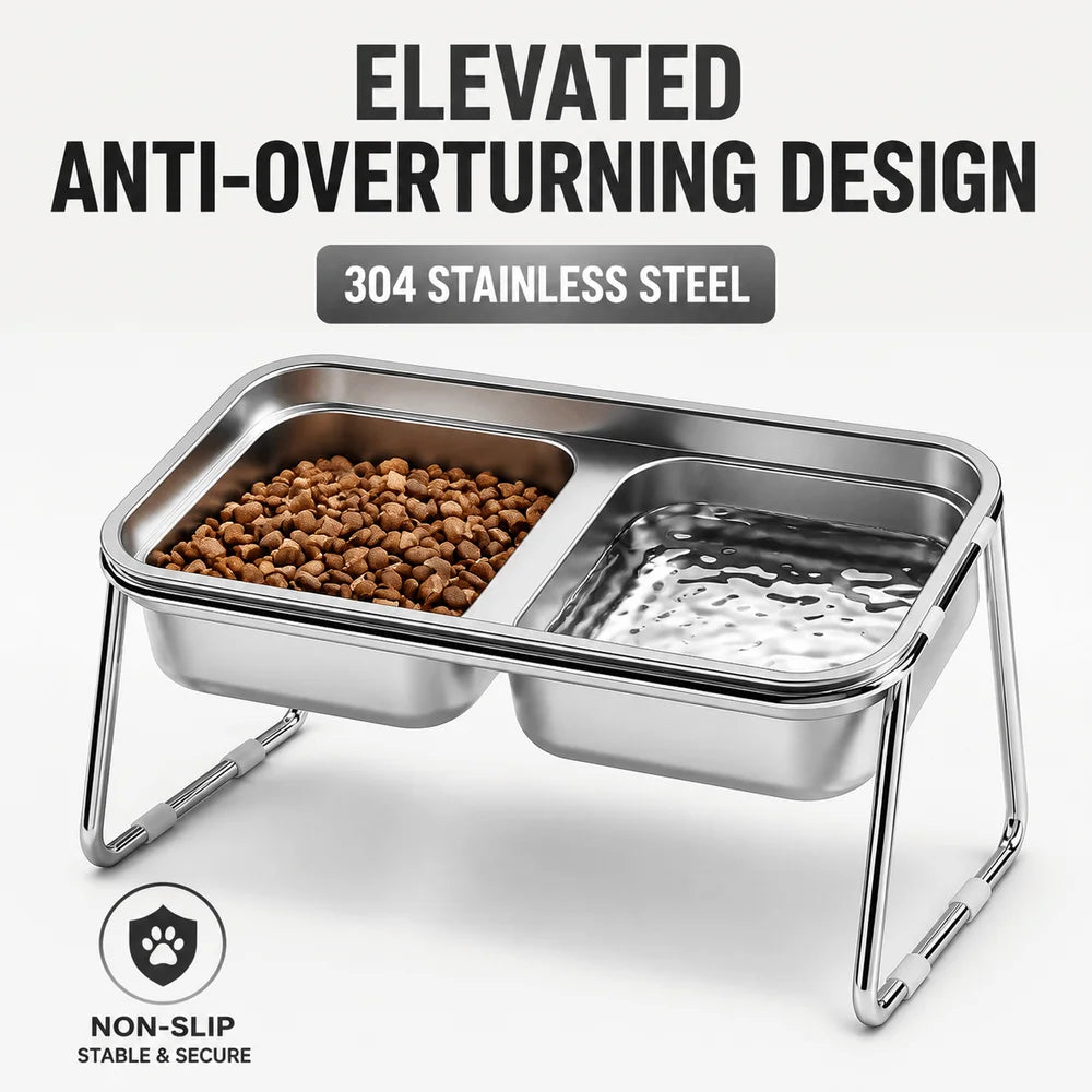 Stainless Steel Double Pet Bowl – Non-Slip Elevated Cat Dog Feeder Pet Feeding Bowl Richie's