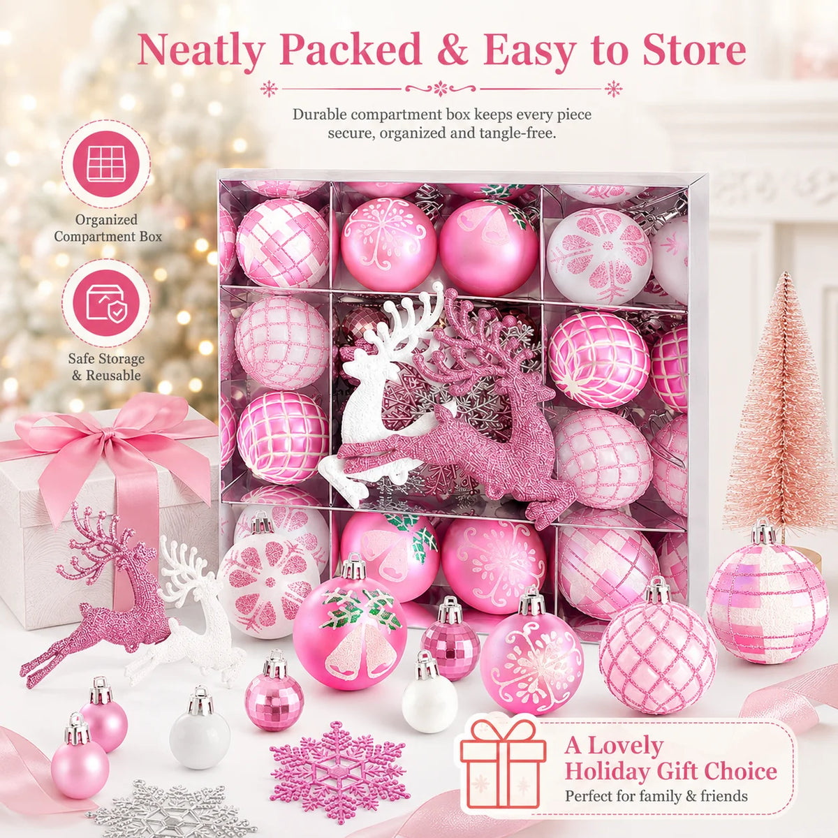 45-Piece Pink & White Christmas Tree Hanging Ornaments Set Christmas Tree Ornaments Richie's