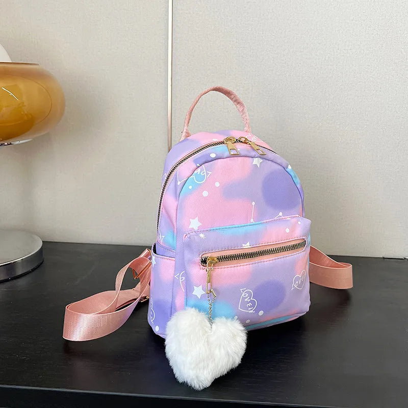 Mini Nylon Backpack for Women – Cute Multicolor Bag & Heart Pendant Mini Backpack Richie's Purple Pink