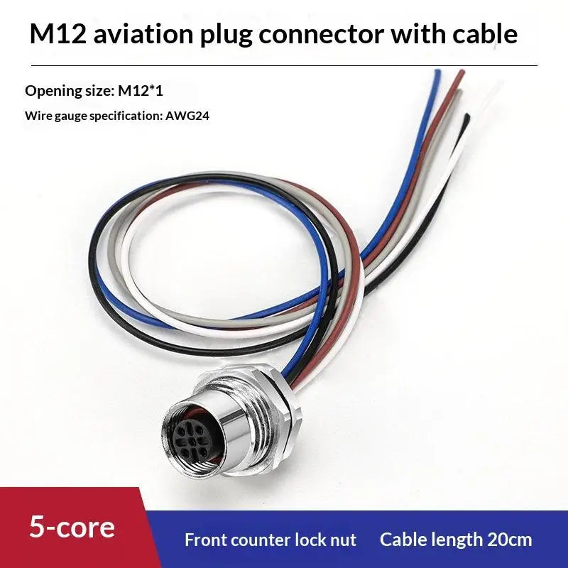 M12 IP67 Waterproof Connector 4/5/8 Pin Panel Socket 22AWG Wire Industrial Connector Richie's Front 5P F 20cm