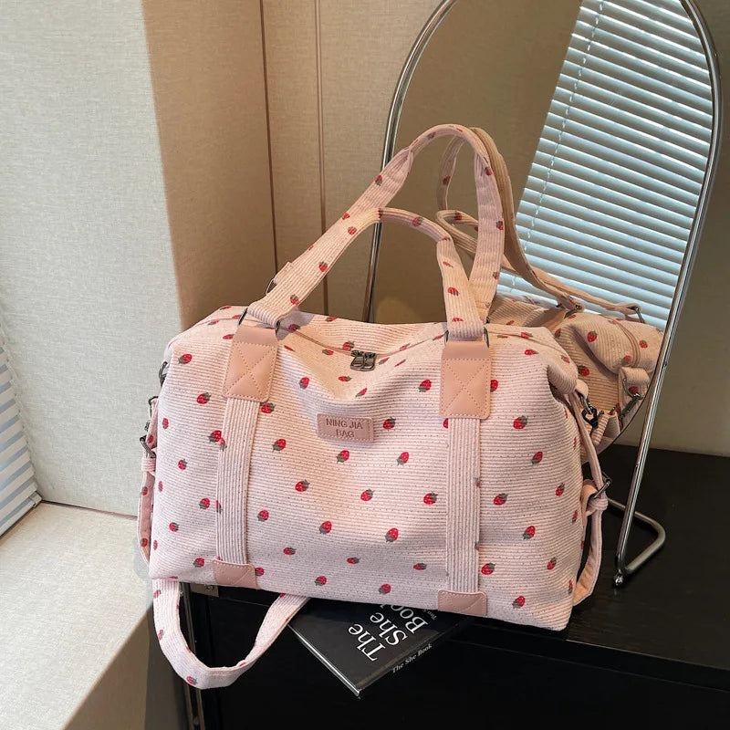 Strawberry Corduroy Travel Bag – Large Crossbody Duffel Travel Duffel Bag Richie's Pink