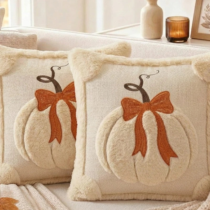 2pc Jacquard Pumpkin Bow Pillow Covers | Fall & Thanksgiving Décor Throw Pillow Covers Richie's Beige 2pcs
