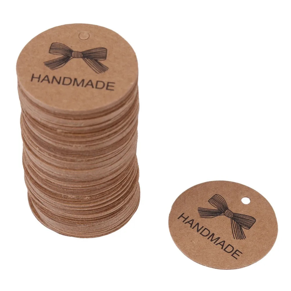 100pcs Round Kraft Paper Gift Tags with String | Brown Hang Labels Kraft Paper Tags Richie's Bow Pattern