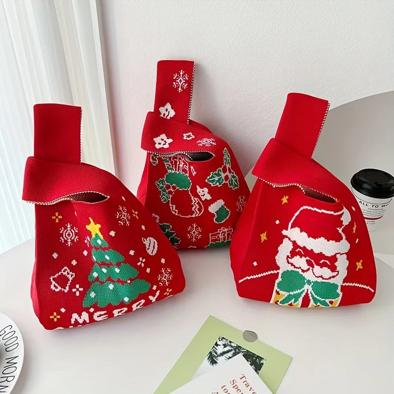 Christmas Knitted Spandex Tote Bag – Santa & Tree Gift Bag Holiday Gift Tote Bag Richie's
