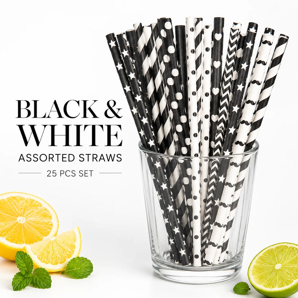 25pcs Black & White Paper Straws – Biodegradable Party Straws Paper Drinking Straws Richie's Default Title