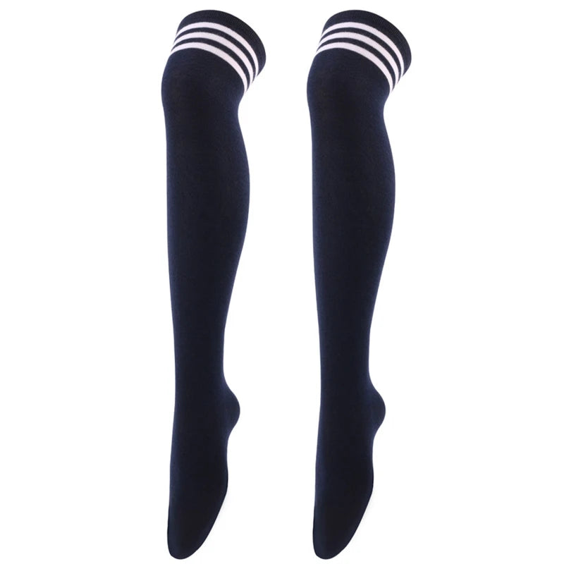 Women's Striped Thigh High Socks | Over-Knee Academic Style Thigh High Socks Richie's Navy blue white One Size