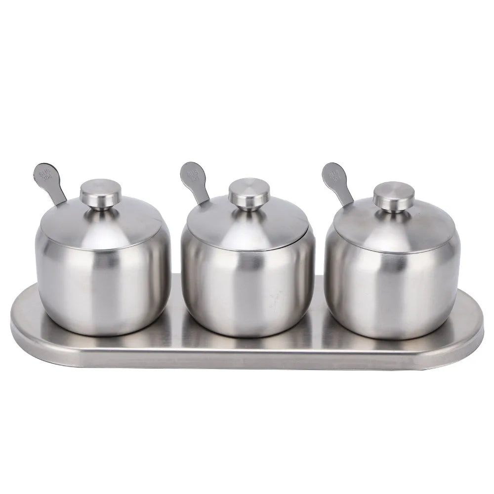 304 Stainless Steel Seasoning Pot Set 300ml with Lid & Spoons Seasoning Pot Set Richie's Silver