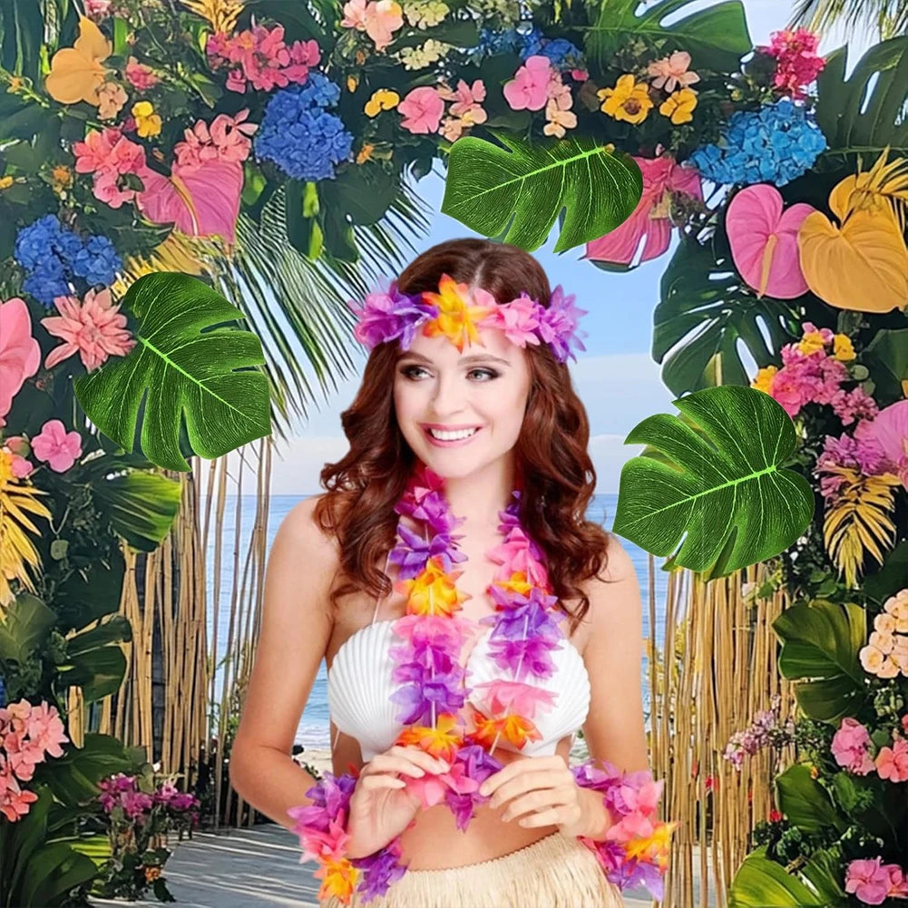 70 Pcs Hawaiian Luau Leis Set – Hibiscus Flowers & Tropical Leaves Party Decoration Set Richie's