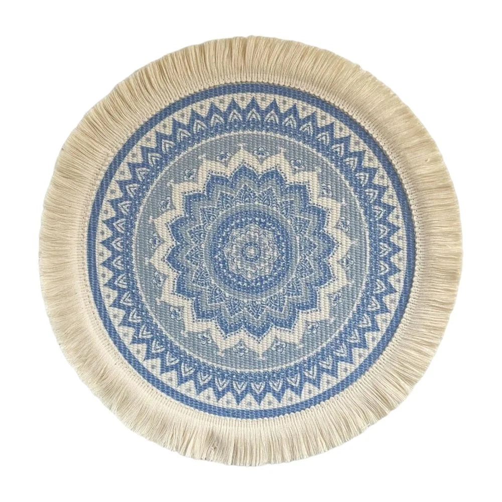Bohemian Round Woven Placemat – Heat Resistant & Non-Slip Tassel Woven Placemat Richie's Blue L