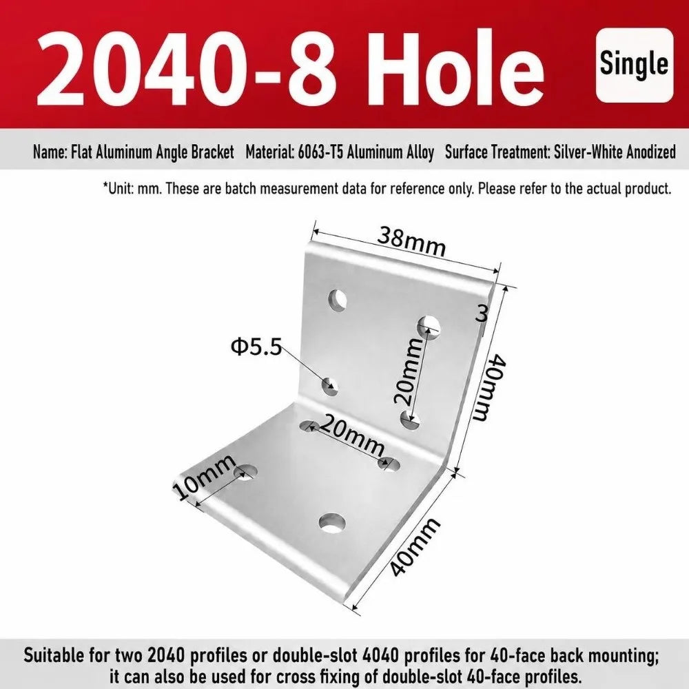 90° Aluminum Angle Bracket – Flat Corner Joint for Frames Corner Angle Bracket Richie's 2040-8Hole Silver