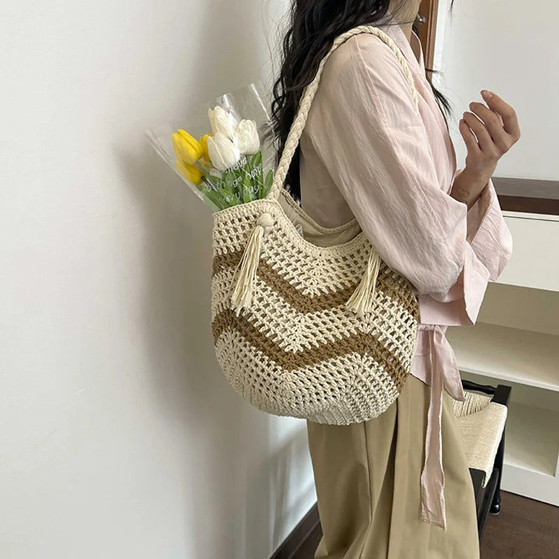 Hollow Flower Woven Cotton Tote Bag – Women's Beach Shoulder Bag Woven Tote Bag Richie's