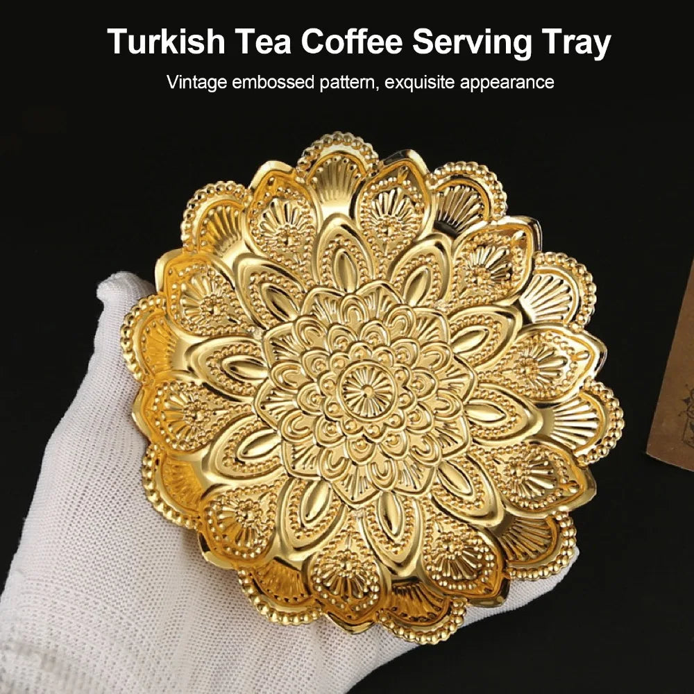 Gold Turkish Serving Tray – Embossed Round Iron Centerpiece Decorative Serving Tray Richie's
