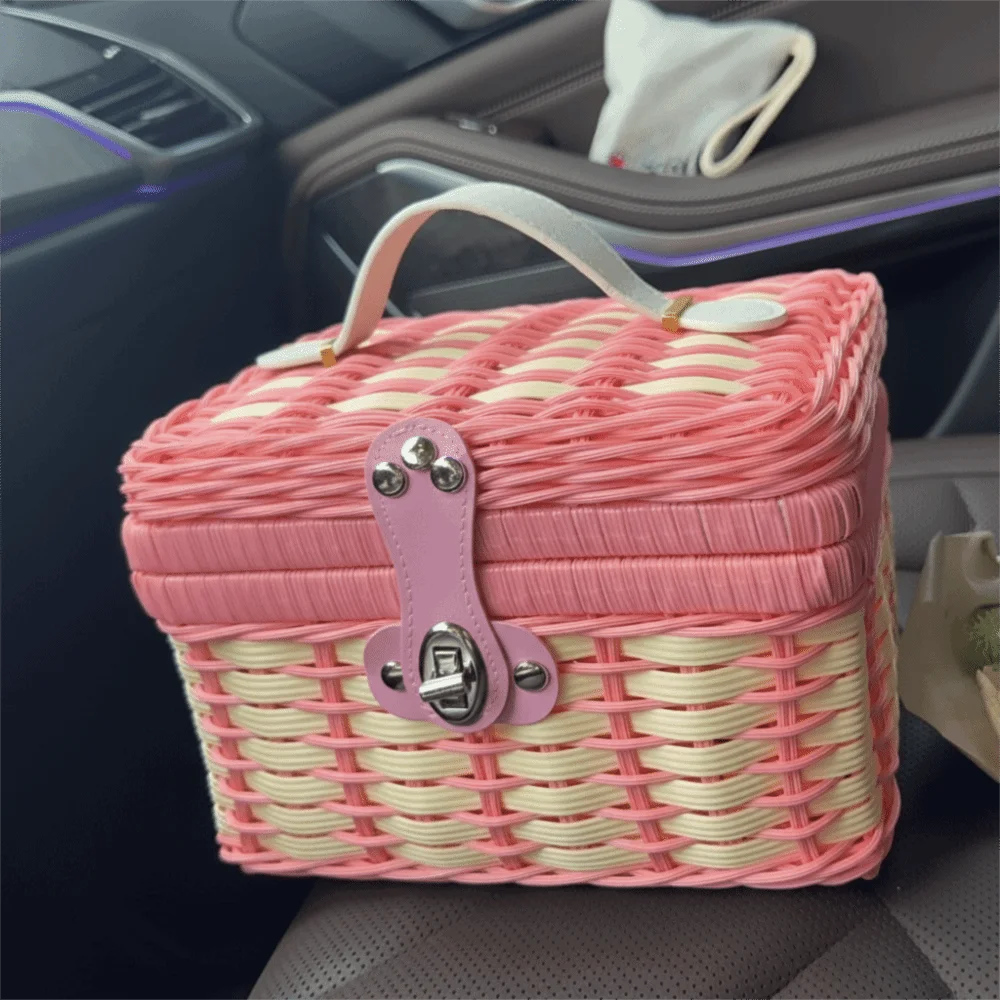 Rattan Woven Basket with Lid – Gift & Storage Basket Woven Storage Basket Richie's Pink 22x18x15cm