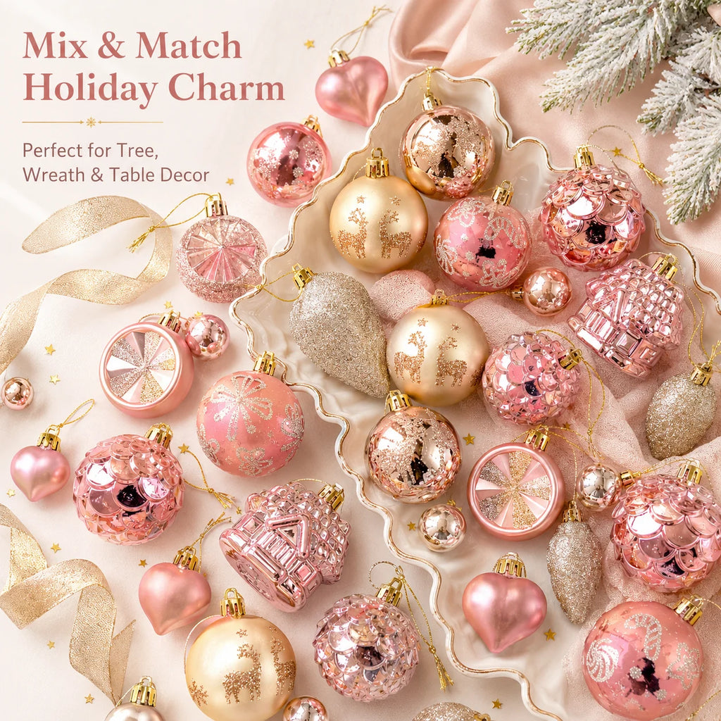 40-Piece Pink & Gold Shatterproof Christmas Ornaments Set Christmas Ornament Set Richie's