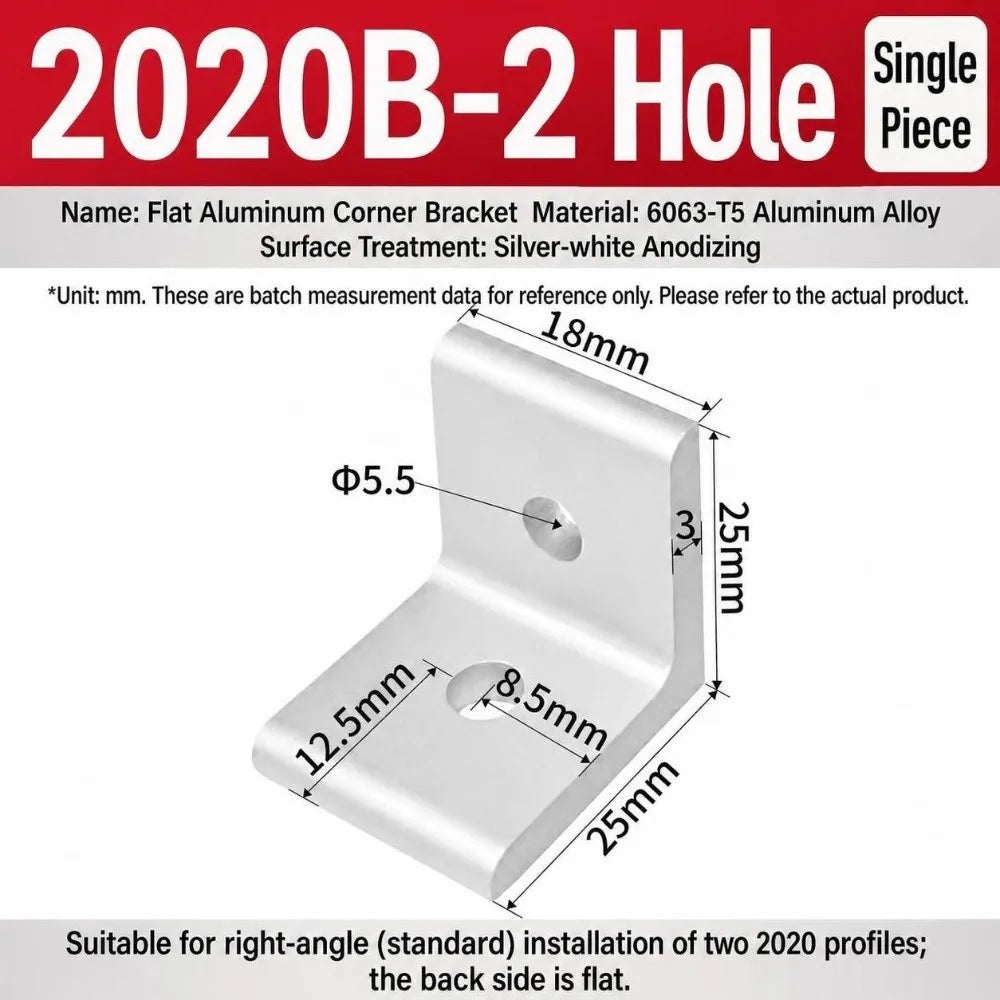 90° Aluminum Angle Bracket – Flat Corner Joint for Frames Corner Angle Bracket Richie's 2020B-2Hole Silver