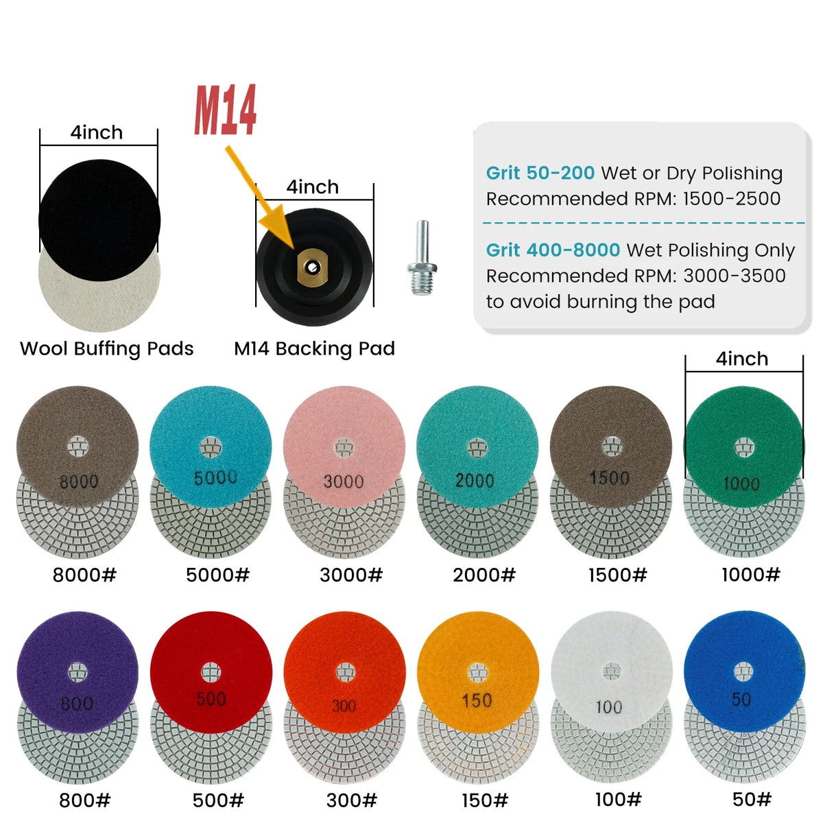 4" Diamond Polishing Pads Kit 10-16 Pcs Wet/Dry for Granite Diamond Polishing Pads Richie's 14PCS 50-8000 4 inches multi-tool