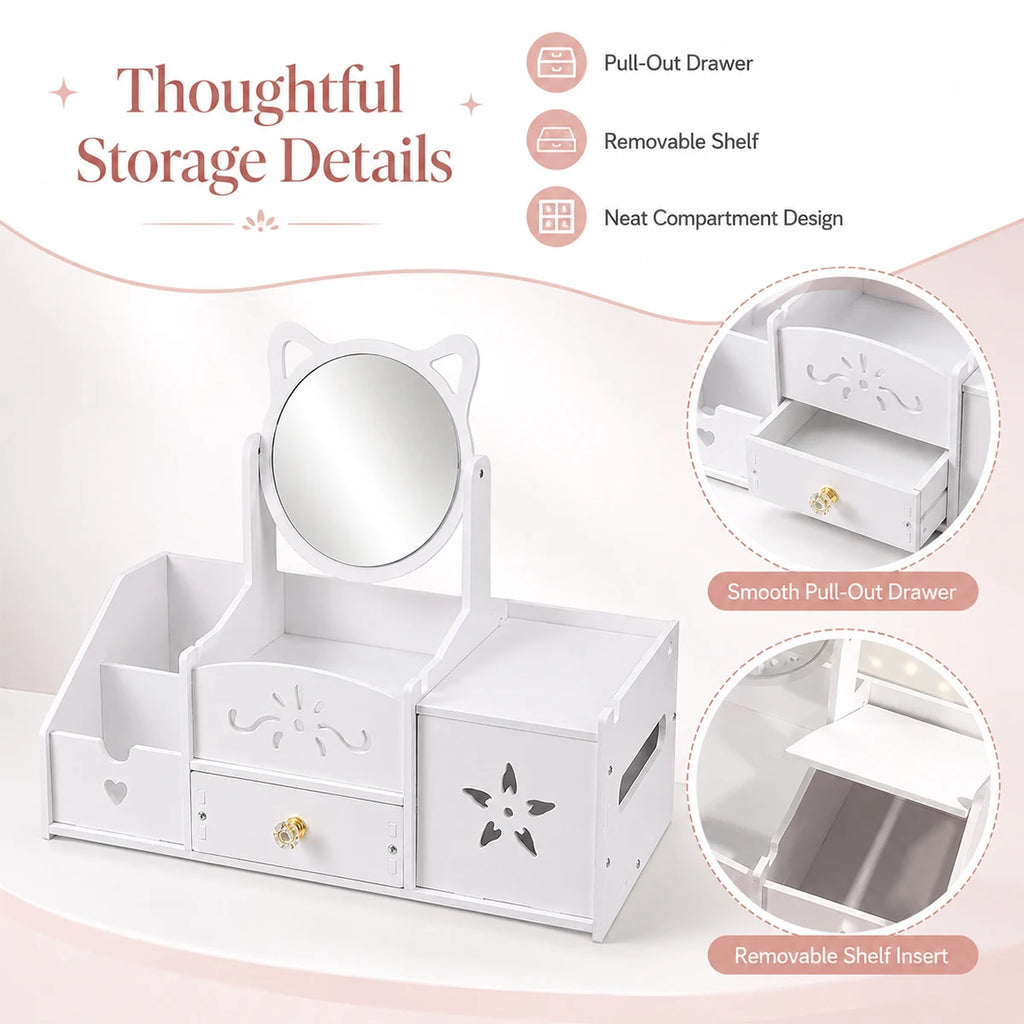 Cat Ear Makeup Organizer with Mirror & Drawers – White Makeup Organizer Richie's