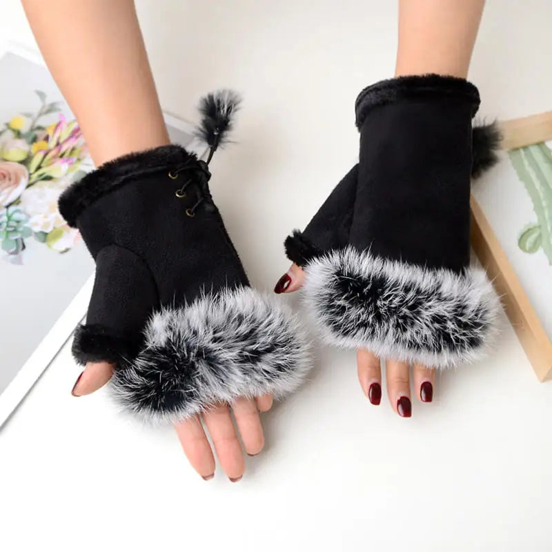 Women's Plush Fingerless Gloves – Warm Winter Wrist Mittens Fingerless Winter Gloves Richie's black