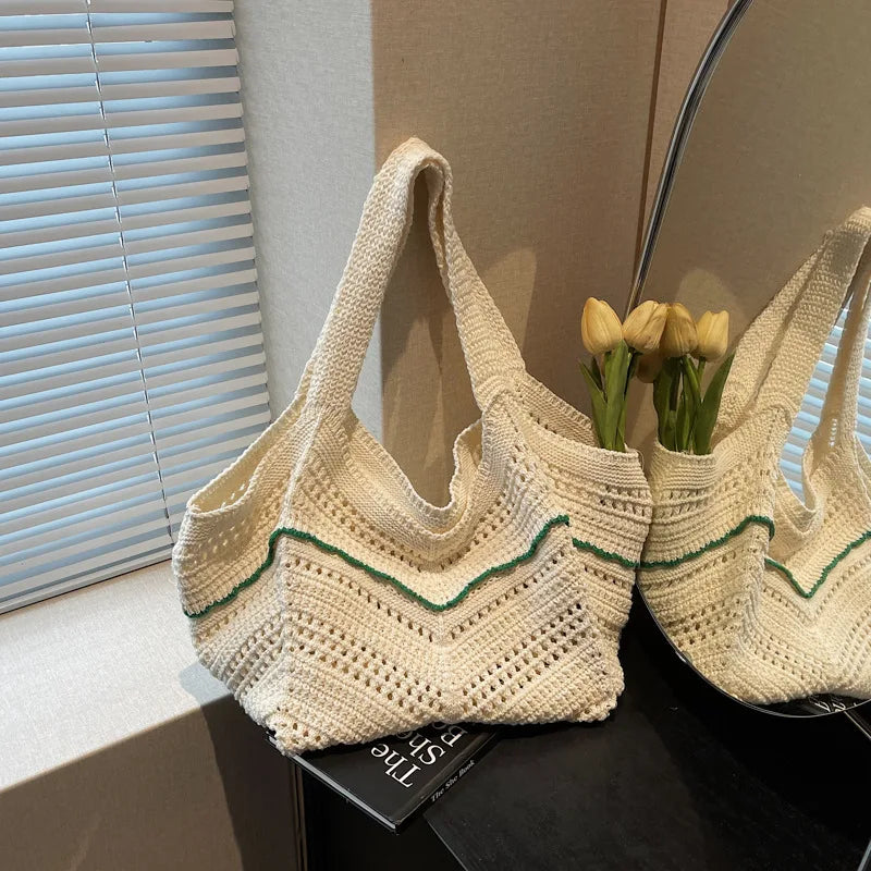Crochet Tote Bag – Hollow Knit Women's Shoulder Handbag Crochet Tote Bag Richie's White