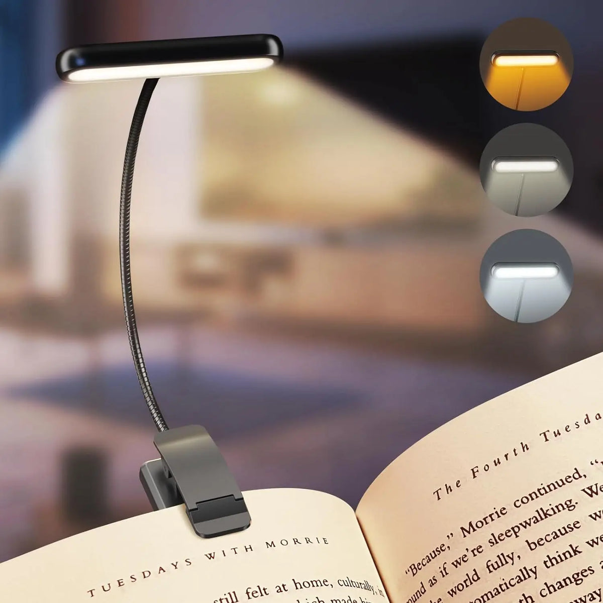 Pink USB Rechargeable Clip Book Light – 3-Color LED Reading Lamp Clip-On Book Light Richie's Black