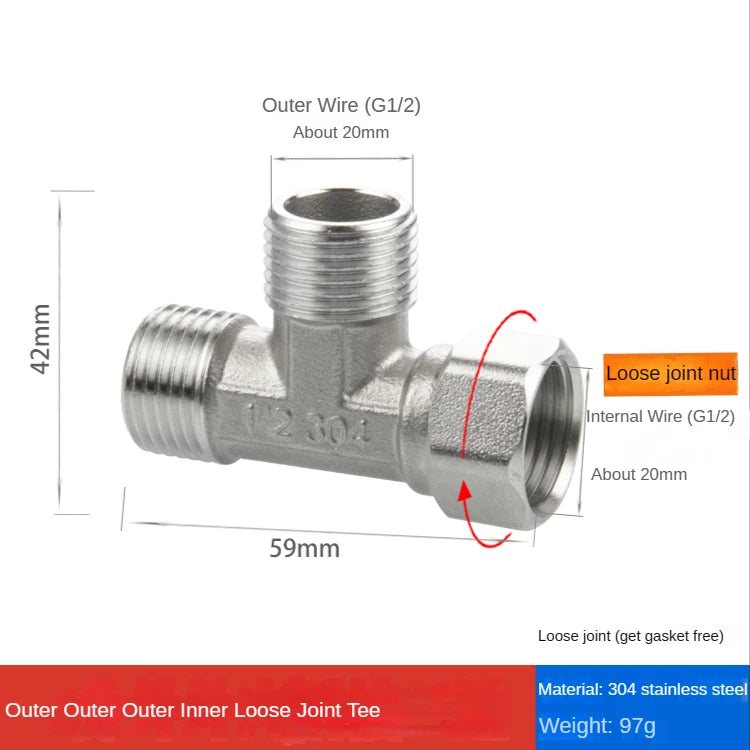 304 Stainless Steel Tee Swivel Pipe Fitting & Water Splitter 1/2" Pipe Tee Fitting Richie's 2