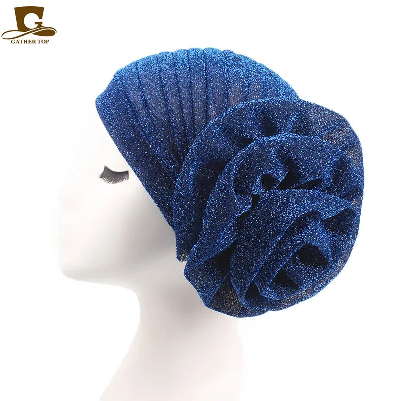 Women Pleated Flower Turban Hat Stretch Hijab Cap Head Wrap Turban Hijab Cap Richie's Sapphire