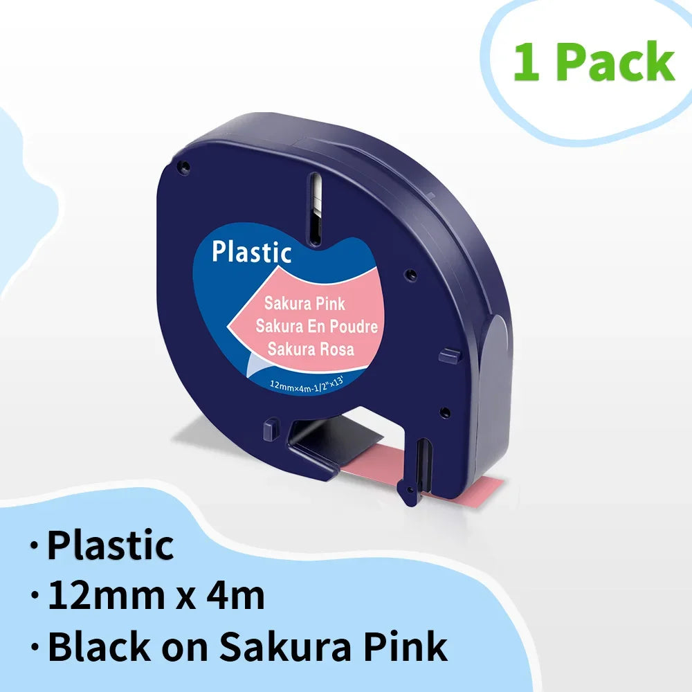 Dymo LetraTag 12mm Compatible Label Tape White – 91201/91200 Label Maker Tape Richie's Black on Sakura Pink