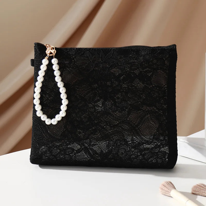 Lace Cosmetic Pouch with Pearl Chain – Women's Makeup Bag Cosmetic Makeup Bag Richie's L-23X21X4CM-black