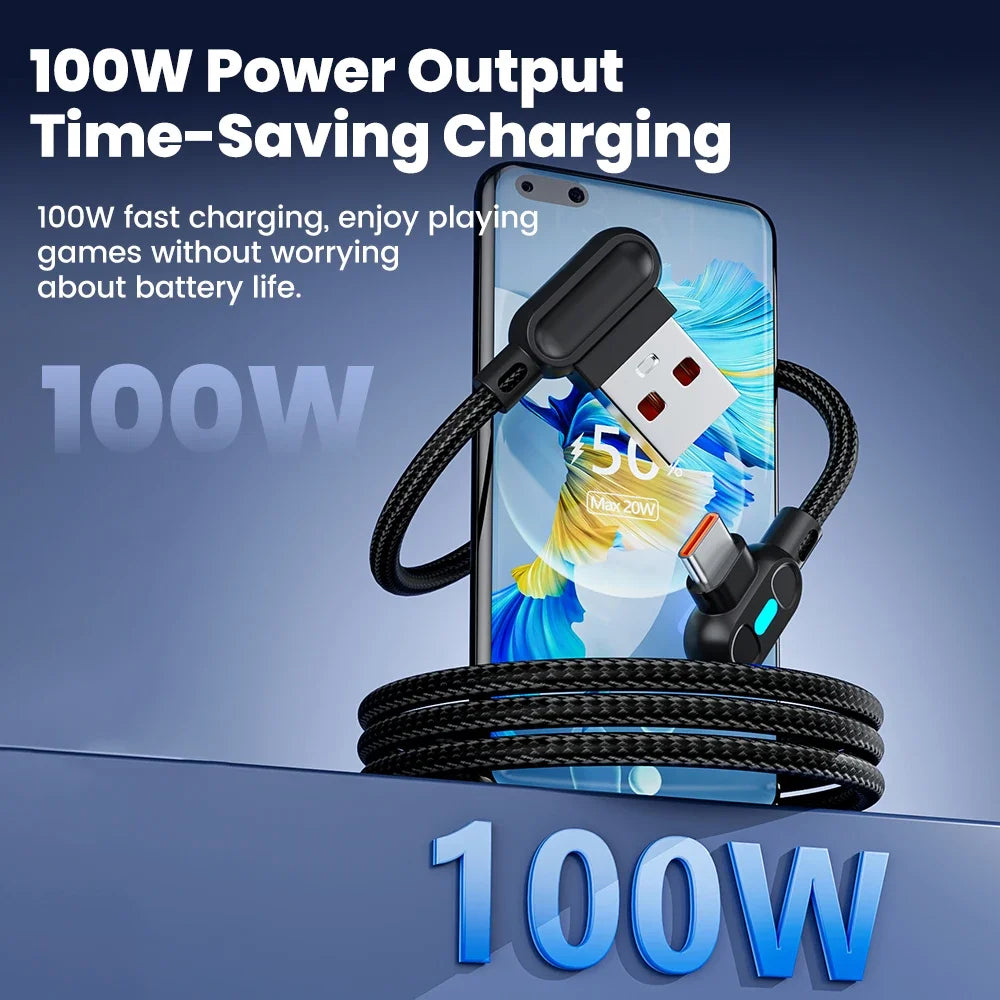 100W USB-C Fast Charging Cable 90° Elbow with LED | 0.25m/1m USB-C Charging Cable Richie's