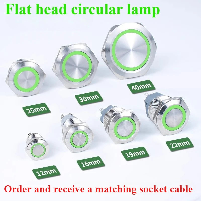 Waterproof Metal LED Push Button Switch 12–22mm Momentary Latching LED Push Button Switch Richie's ircular light green 16mm 12-24V|Self-locking