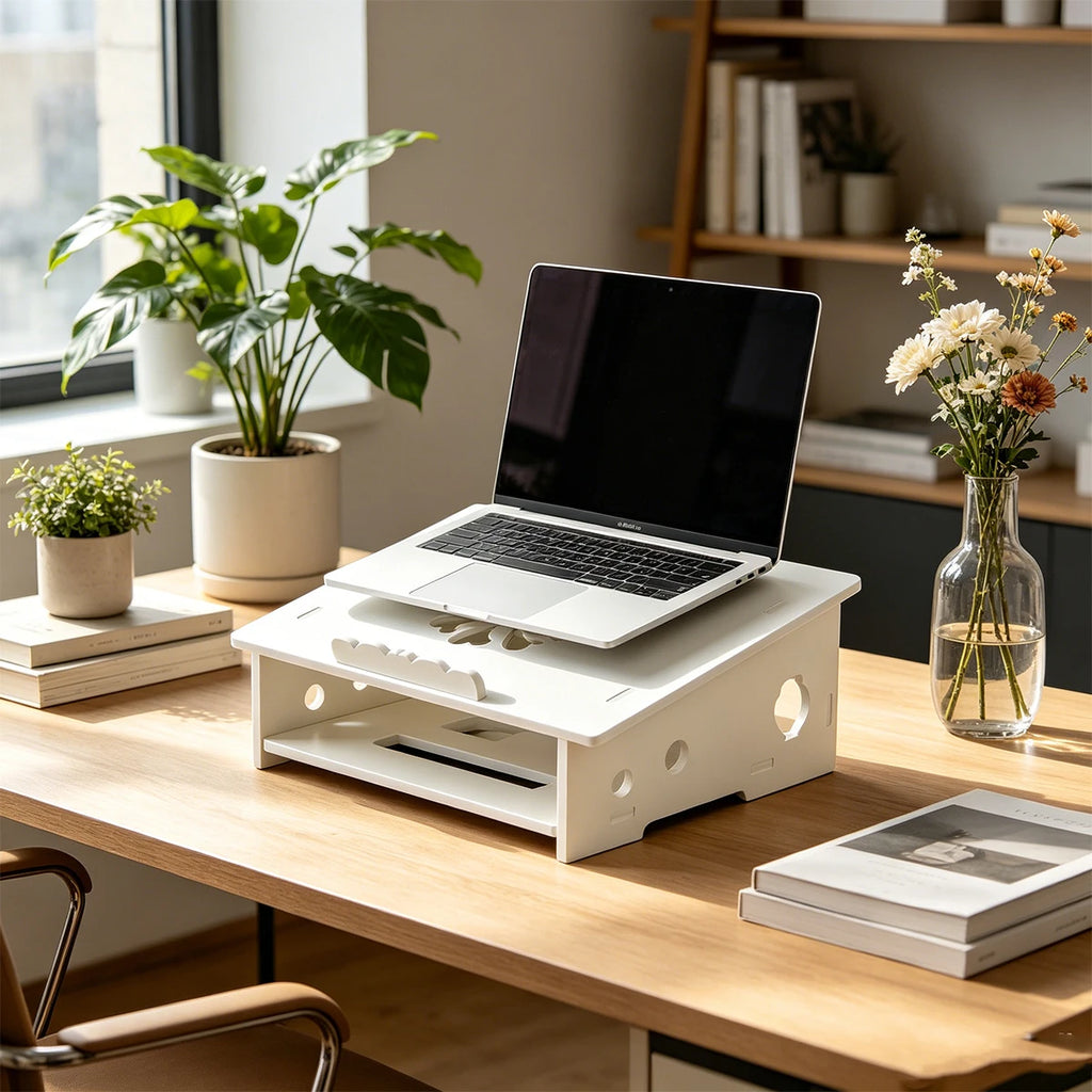 White Laptop Riser with Storage Shelf & Cable Management Laptop Stand Richie's