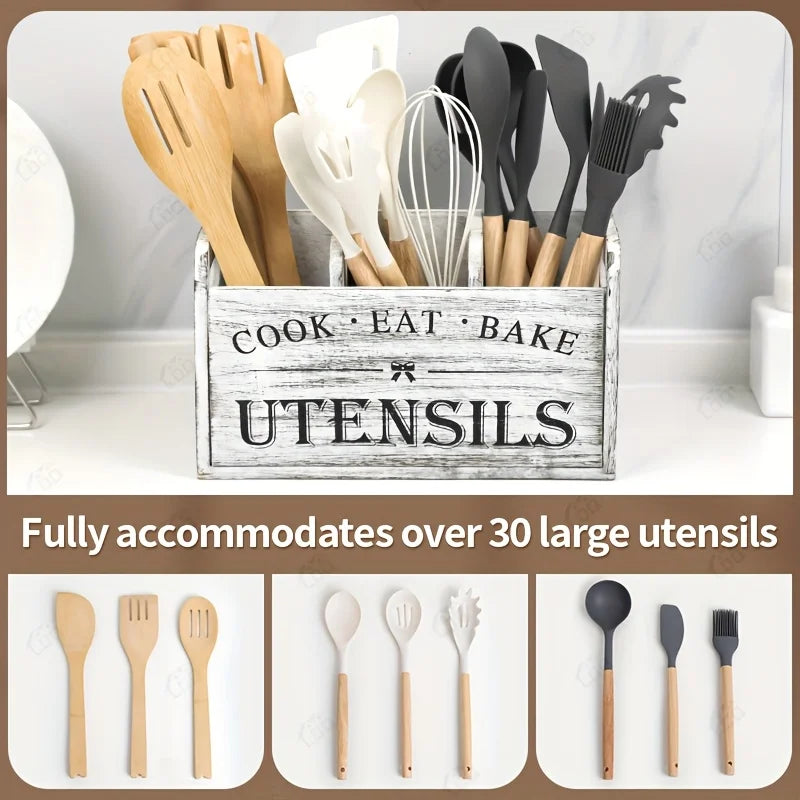 Rustic Wooden Kitchen Utensil Holder – 3-Compartment Organizer Utensil Holder Richie's