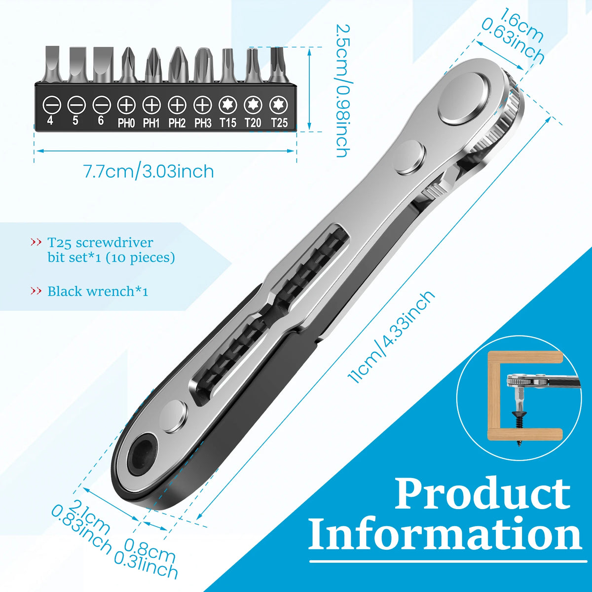 Offset Ratchet Screwdriver Set – Right Angle Driver, 10 Bits Ratchet Screwdriver Set Richie's SET A