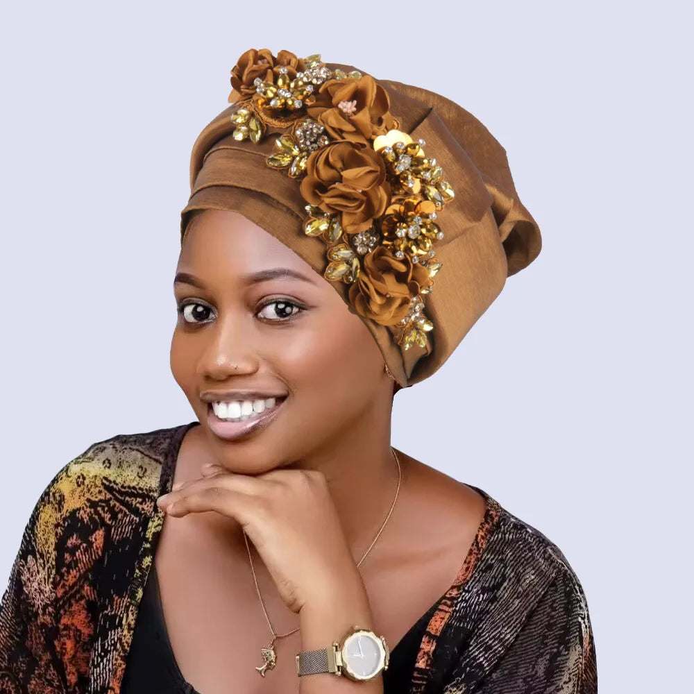 Women's Crinkle Headwrap African Headtie Rhinestone Flower Cap Fashion Headwrap Richie's