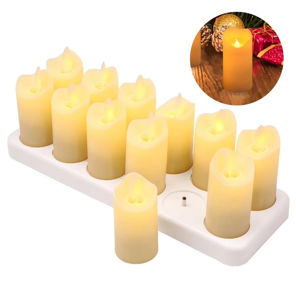 LED Flameless Candles Set 12pc Warm Yellow Rechargeable Base LED Flameless Candles Richie's