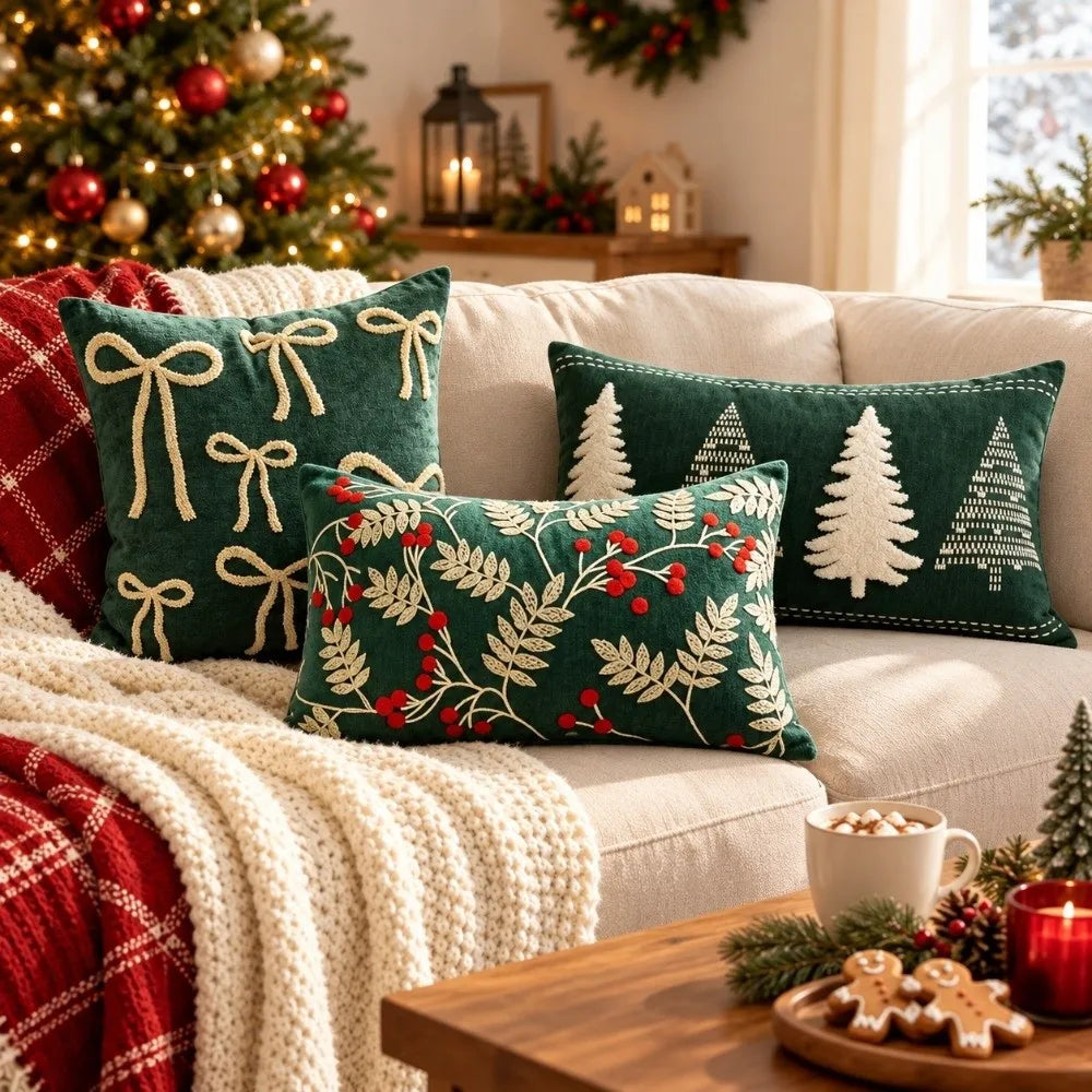 Chenille Christmas Tree Pillow Cover – Embroidered Holiday Cushion Throw Pillow Cover Richie's