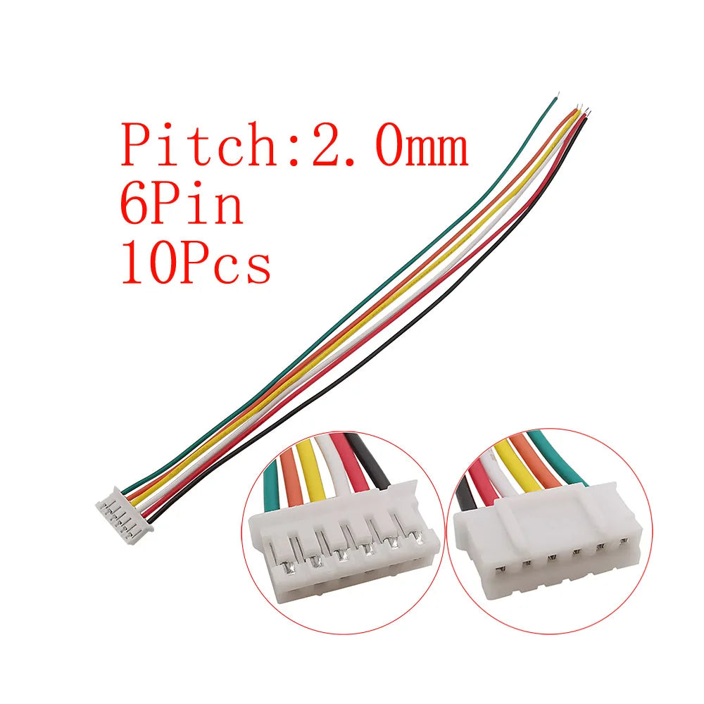10Pcs JST PH 2.0mm Connector 2–6 Pin Male Female 26AWG Cables Wire Connector Set Richie's 10Pcs 6Pin-J