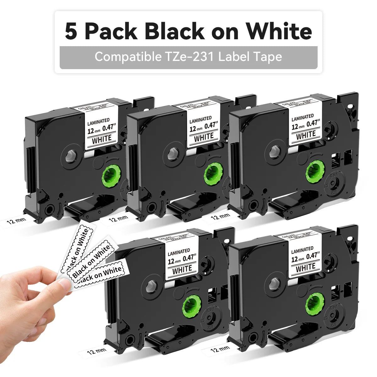 5-Pack TZe-231 Laminated Label Tape – Brother P-Touch Compatible Label Printer Tape Richie's 5PK Black on White 6mm