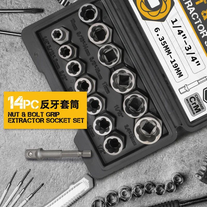 14-Piece Impact Bolt & Nut Remover Set – Cr-Mo Steel Extractor Bolt Extractor Set Richie's