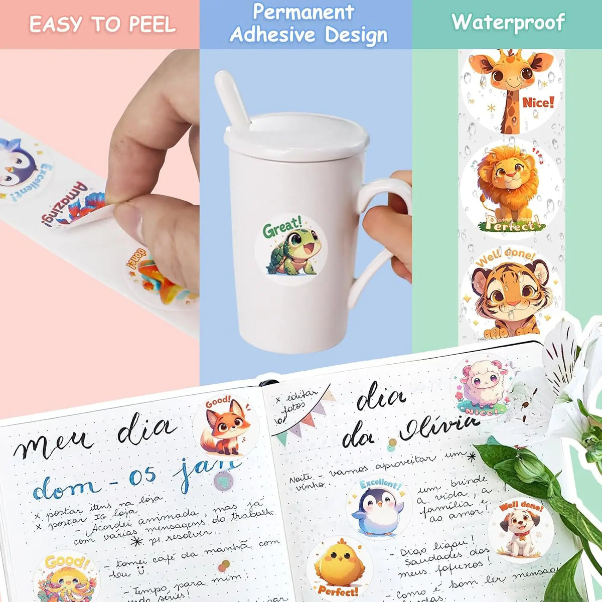1500 Pcs Animal Stickers 3 Rolls 24 Designs – Craft & School Animal Sticker Set Richie's