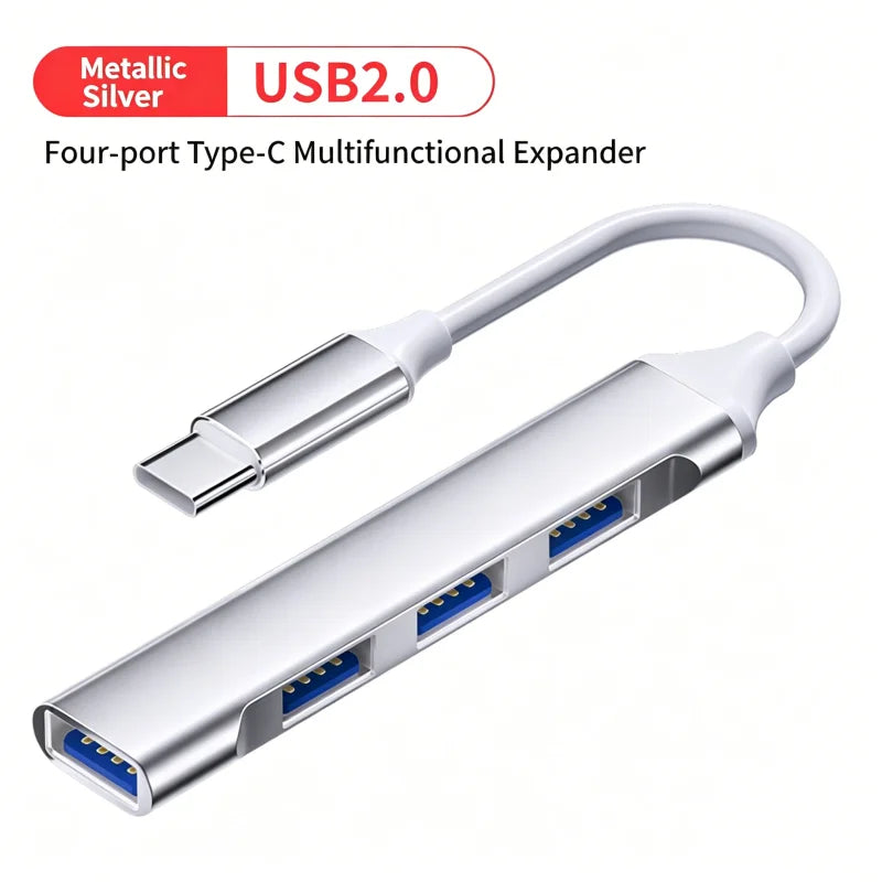 FUCHU 4-in-1 USB 2.0 Hub – USB-C & USB-A, 4 Ports USB Hub Richie's Silver Type C