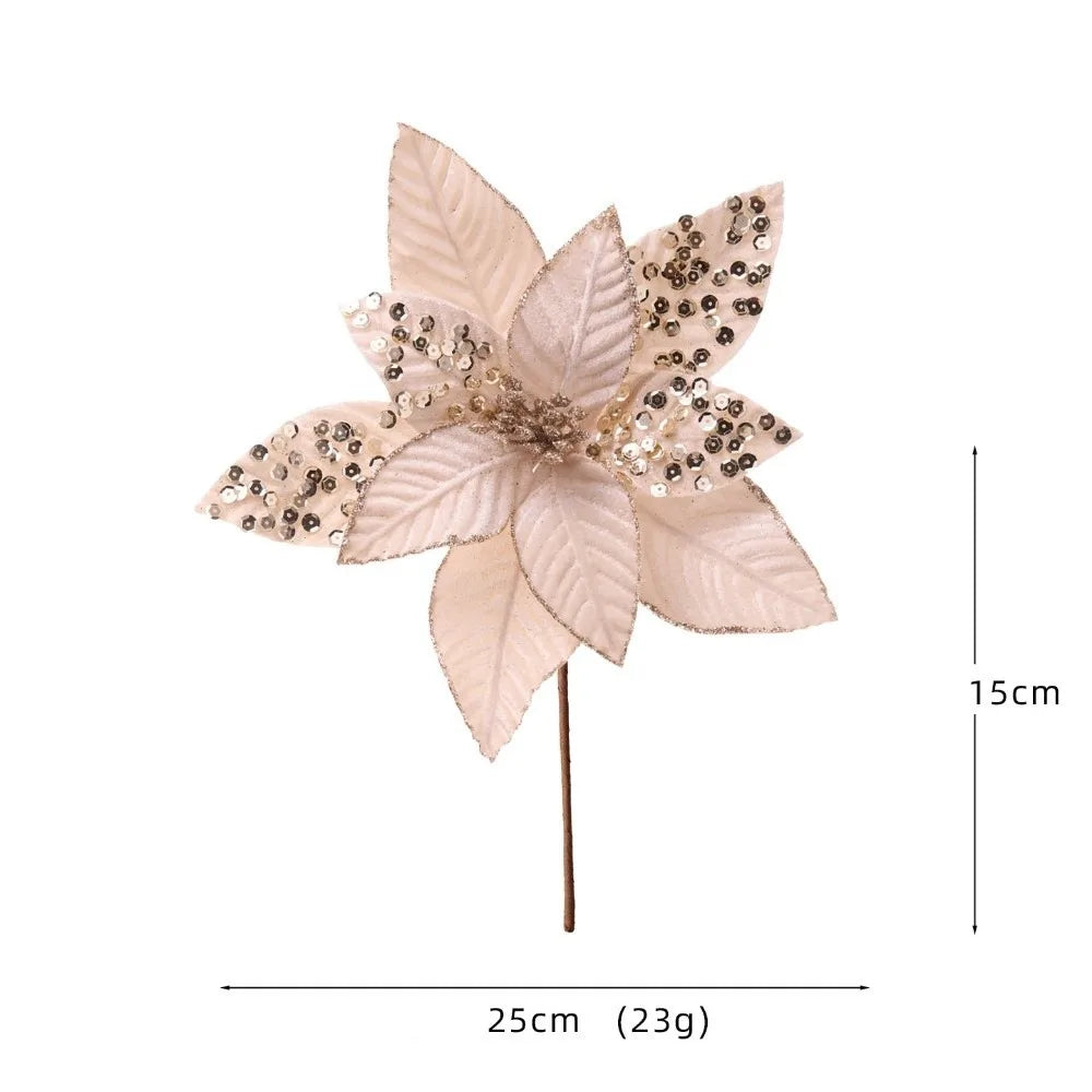 25CM Glitter Artificial Poinsettia Flower | Christmas Wedding Decor Artificial Decorative Flower Richie's Champagne