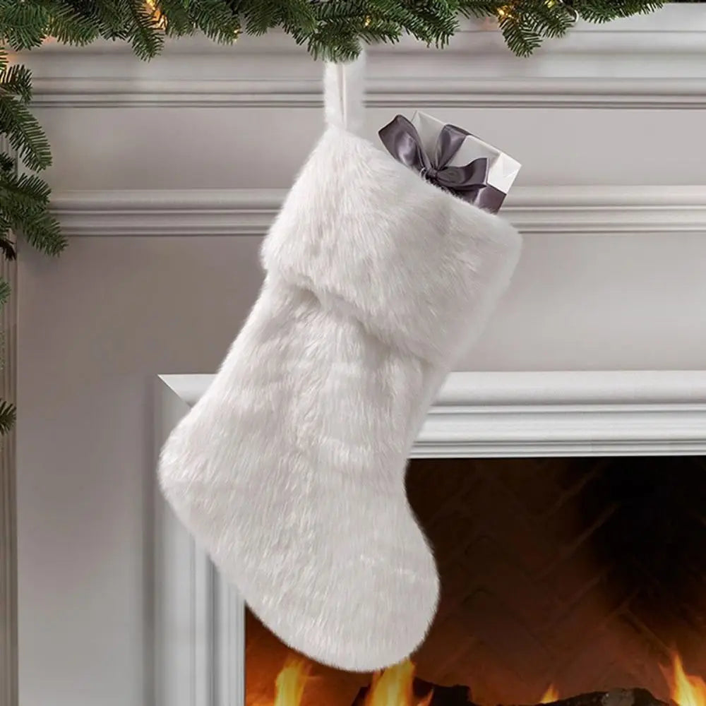 White Furry Christmas Stocking Plush Gift Bag Xmas Decoration Christmas Stocking Richie's